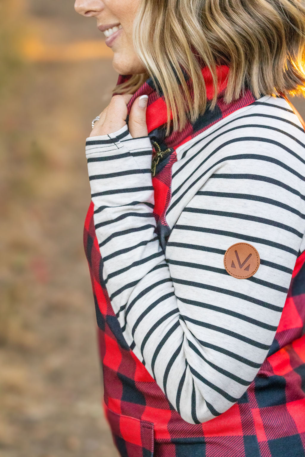 Shop Zoey ZipCowl - Buffalo Plaid and Oatmeal Stripes-Pullover at Ruby Joy Boutique, a Women's Clothing Store in Pickerington, Ohio