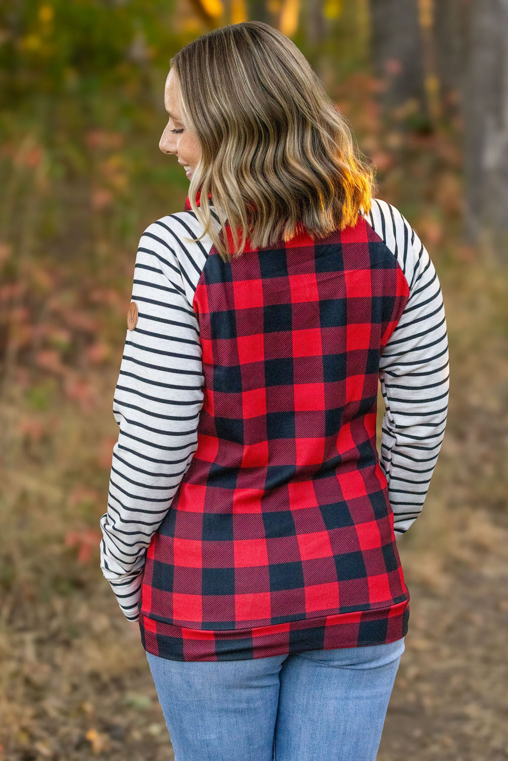 Shop Zoey ZipCowl - Buffalo Plaid and Oatmeal Stripes-Pullover at Ruby Joy Boutique, a Women's Clothing Store in Pickerington, Ohio