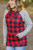 Shop Zoey ZipCowl - Buffalo Plaid and Oatmeal Stripes-Pullover at Ruby Joy Boutique, a Women's Clothing Store in Pickerington, Ohio