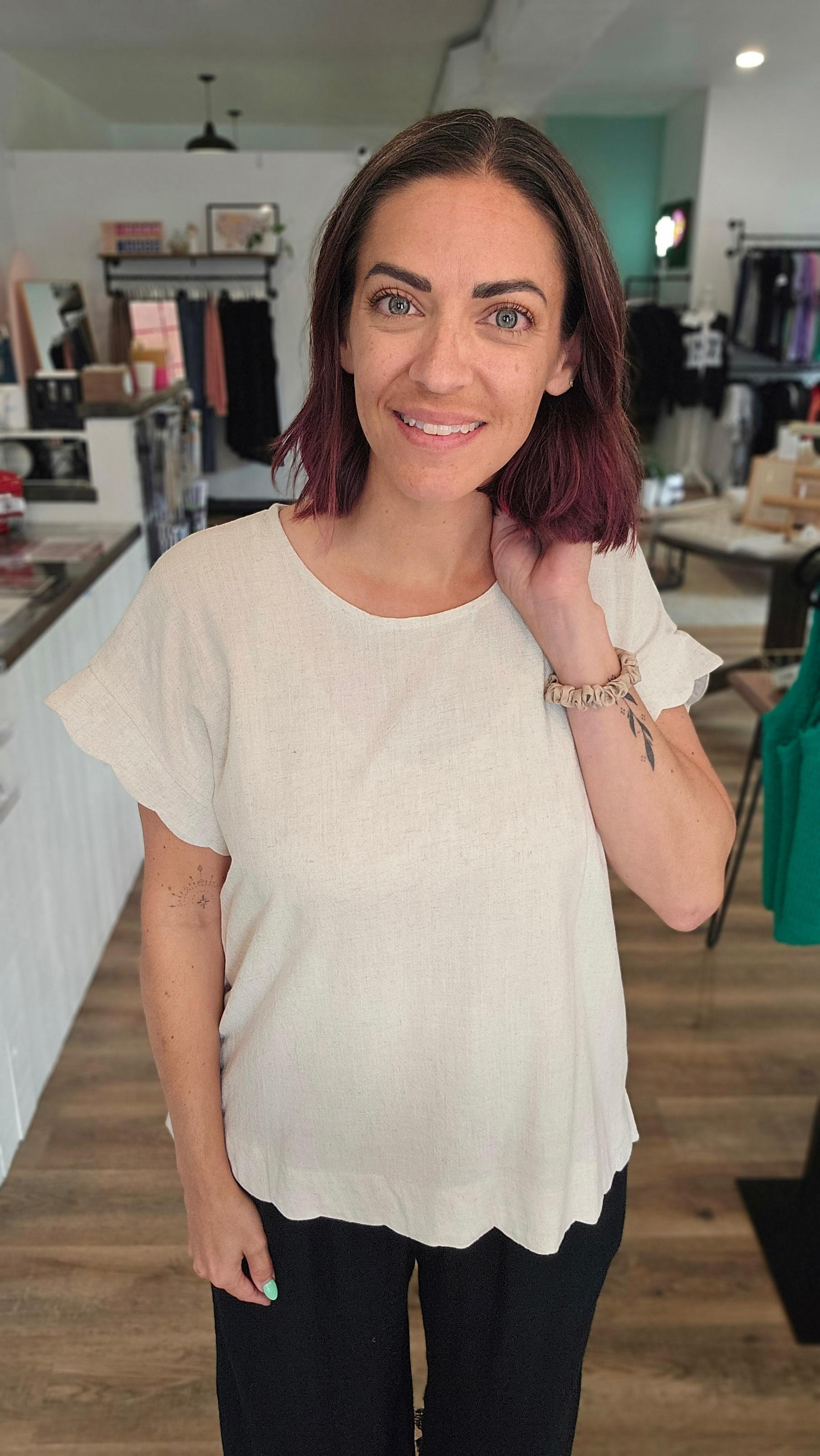 Shop Scalloped Hem Linen Blend Top - Oatmeal- at Ruby Joy Boutique, a Women's Clothing Store in Pickerington, Ohio