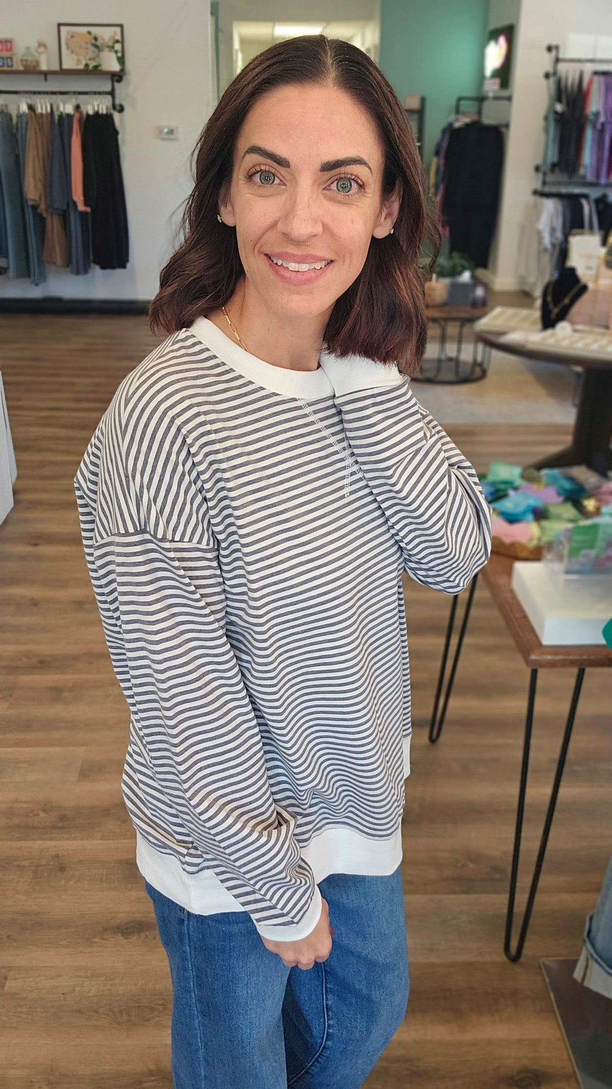 Shop Long Sleeve Charcoal Striped Top- at Ruby Joy Boutique, a Women's Clothing Store in Pickerington, Ohio