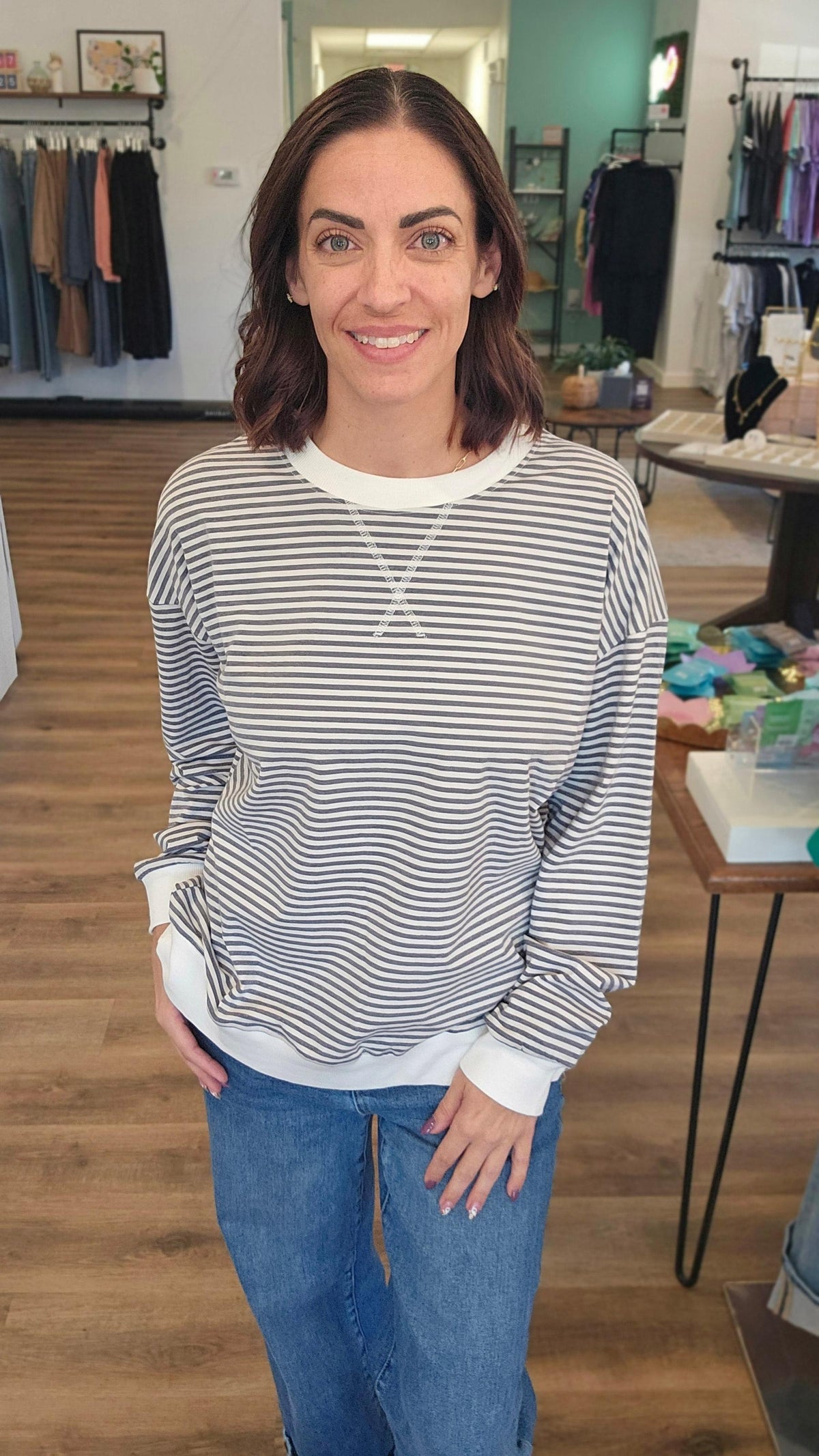 Shop Long Sleeve Charcoal Striped Top- at Ruby Joy Boutique, a Women's Clothing Store in Pickerington, Ohio