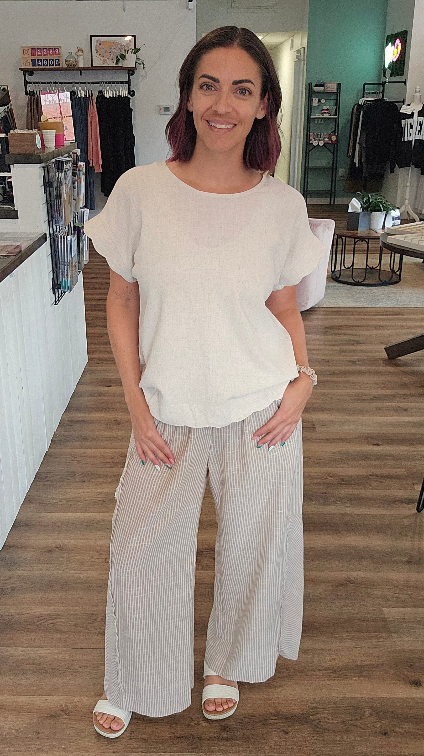 Shop Striped Wide Leg Linen Blend Pants - Tan- at Ruby Joy Boutique, a Women's Clothing Store in Pickerington, Ohio