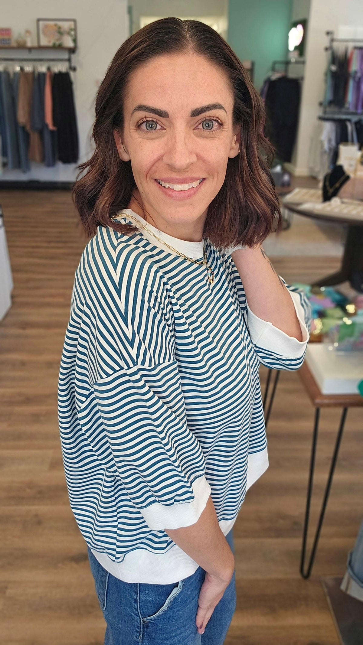 Shop Teal Striped Half-Sleeve Top- at Ruby Joy Boutique, a Women's Clothing Store in Pickerington, Ohio