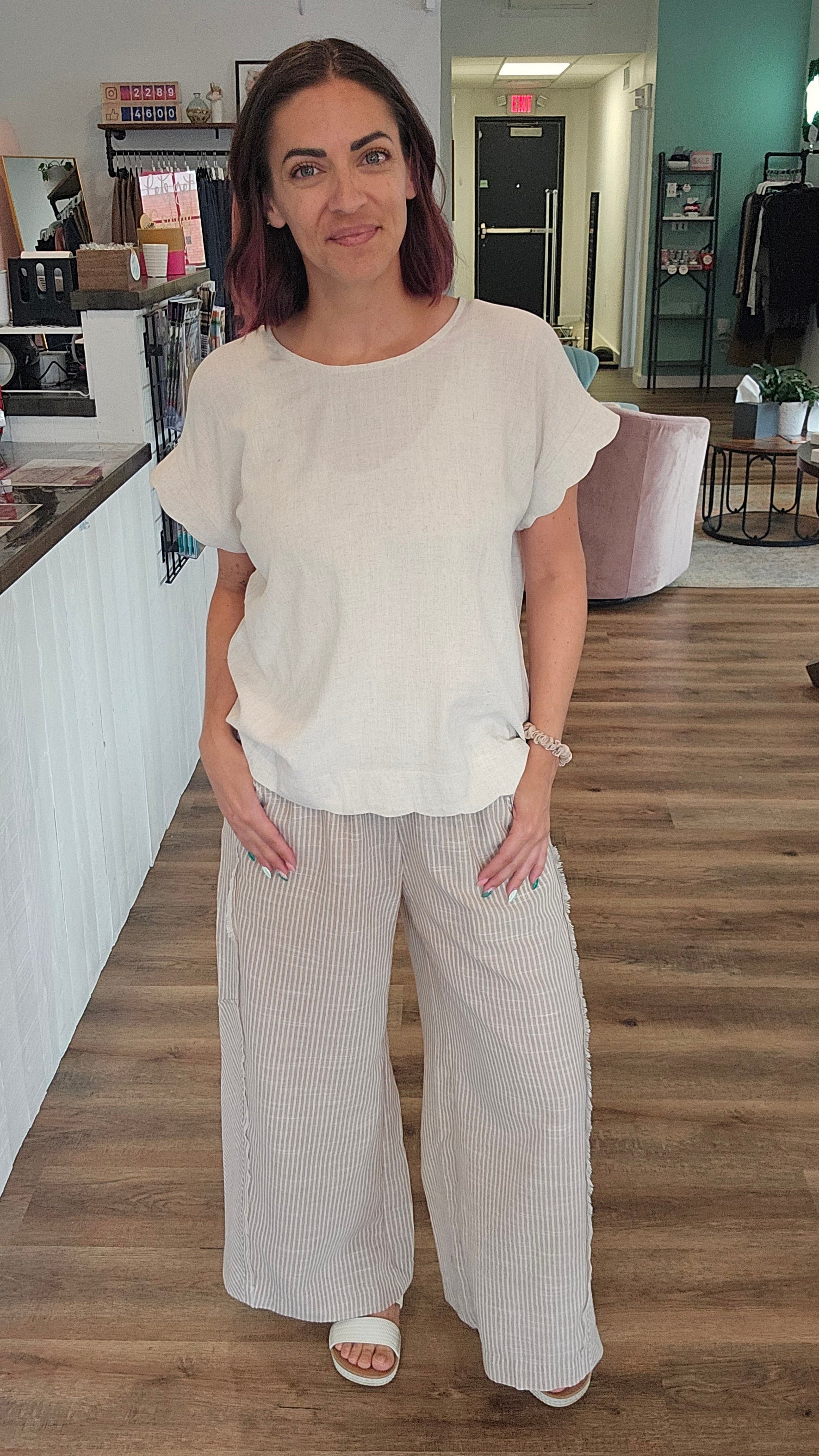 Shop Striped Wide Leg Linen Blend Pants - Tan- at Ruby Joy Boutique, a Women's Clothing Store in Pickerington, Ohio
