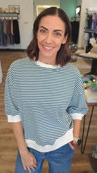 Shop Teal Striped Half-Sleeve Top- at Ruby Joy Boutique, a Women's Clothing Store in Pickerington, Ohio