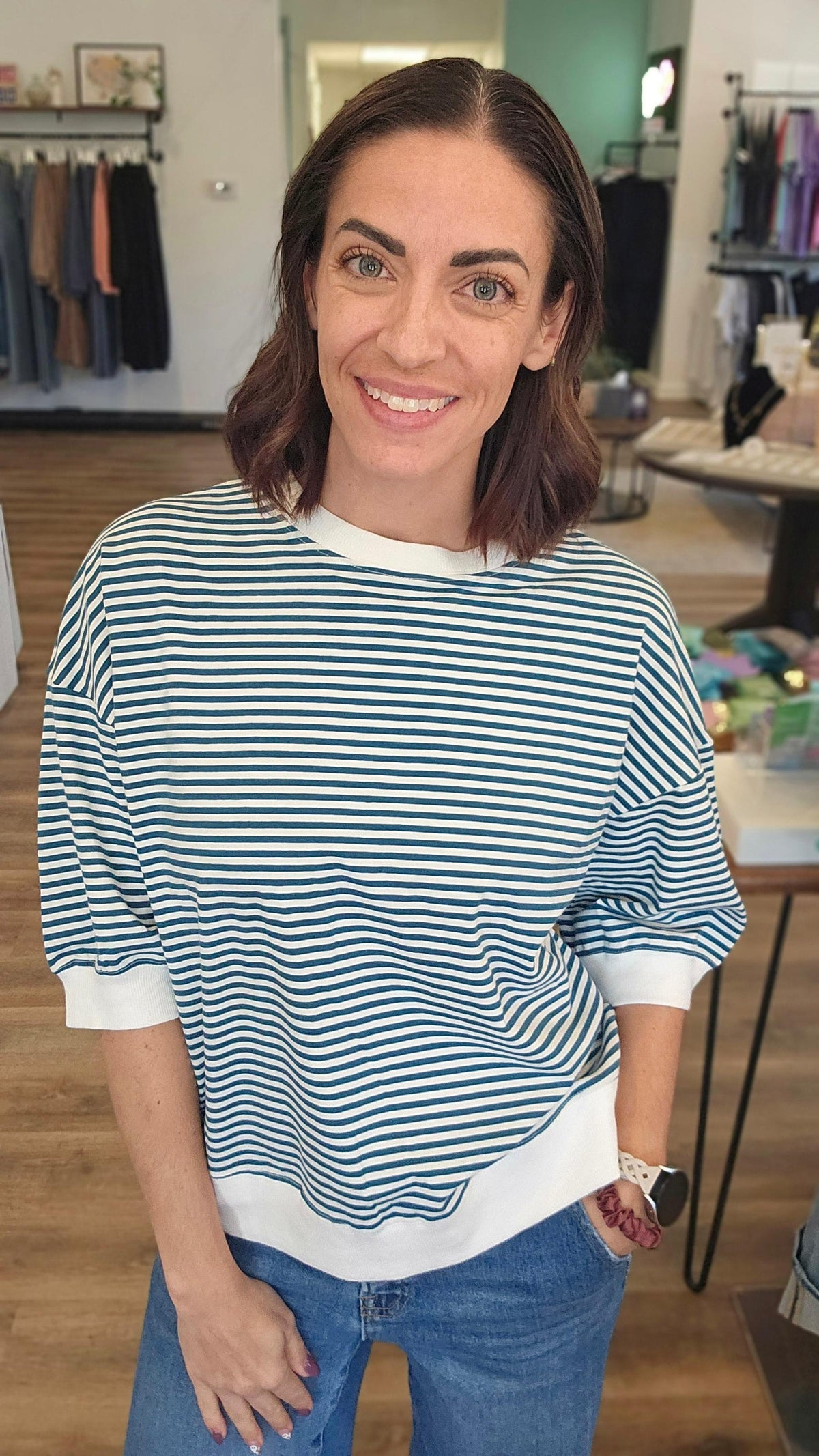 Shop Teal Striped Half-Sleeve Top- at Ruby Joy Boutique, a Women's Clothing Store in Pickerington, Ohio