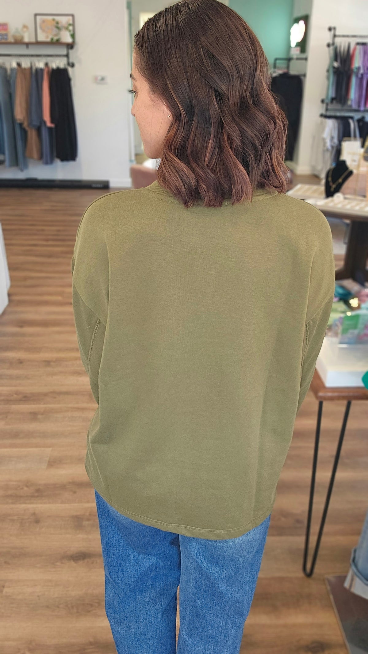 Shop Stud Shoulder Sweatshirt: Olive- at Ruby Joy Boutique, a Women's Clothing Store in Pickerington, Ohio