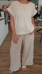 Shop Striped Wide Leg Linen Blend Pants - Tan- at Ruby Joy Boutique, a Women's Clothing Store in Pickerington, Ohio