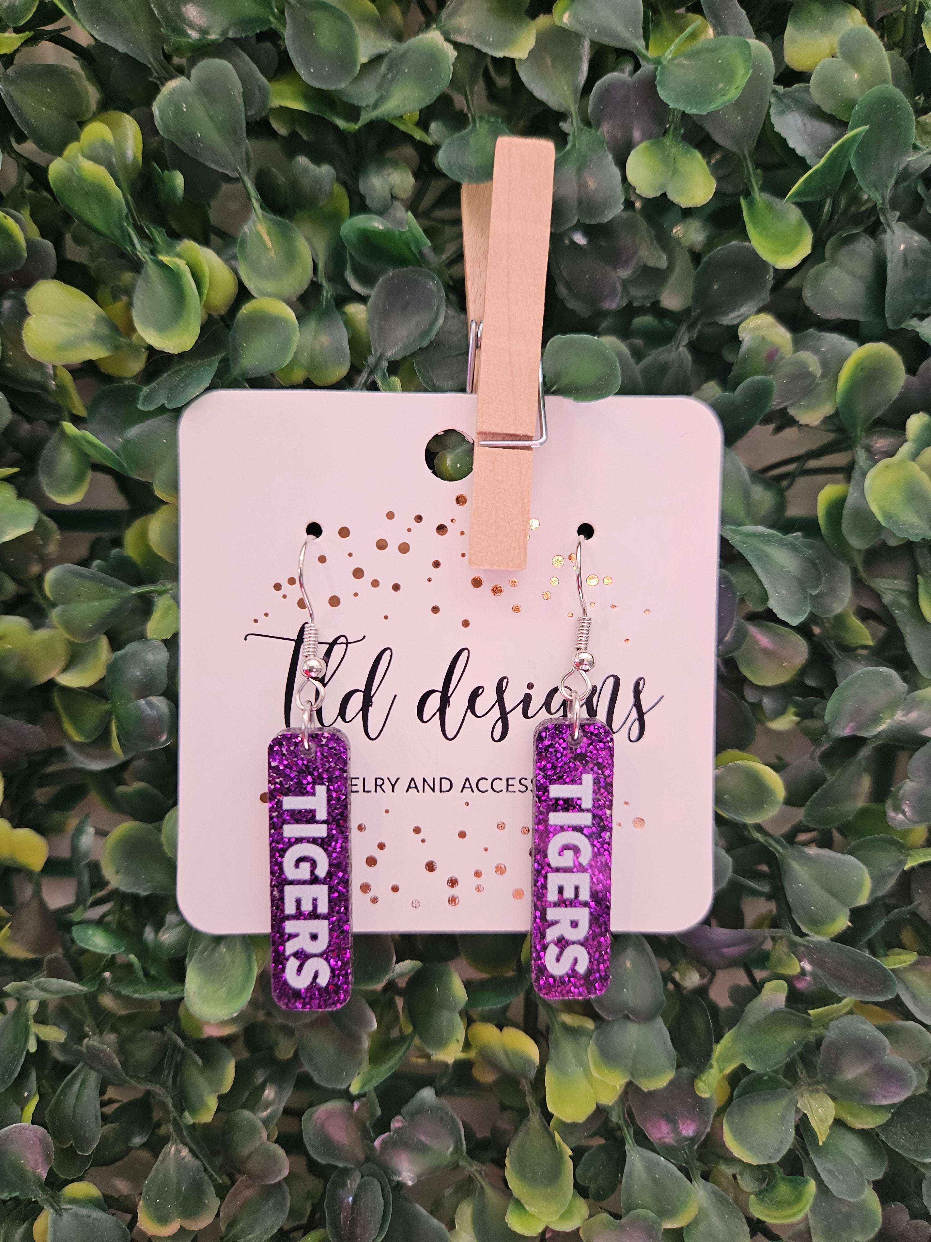 Shop Spirit Dangle Earrings - Tigers Purple- at Ruby Joy Boutique, a Women's Clothing Store in Pickerington, Ohio