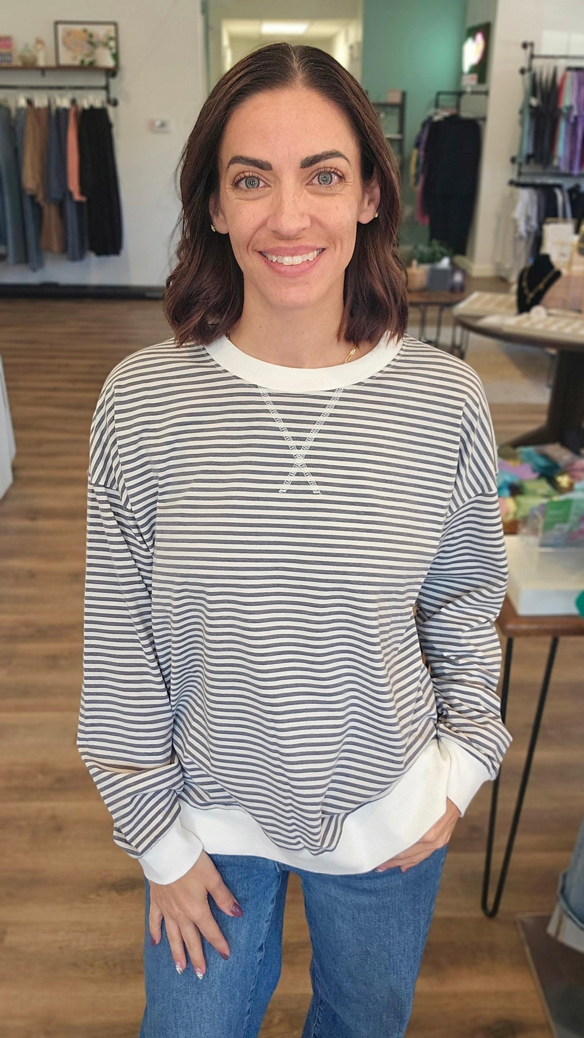 Shop Long Sleeve Charcoal Striped Top- at Ruby Joy Boutique, a Women's Clothing Store in Pickerington, Ohio